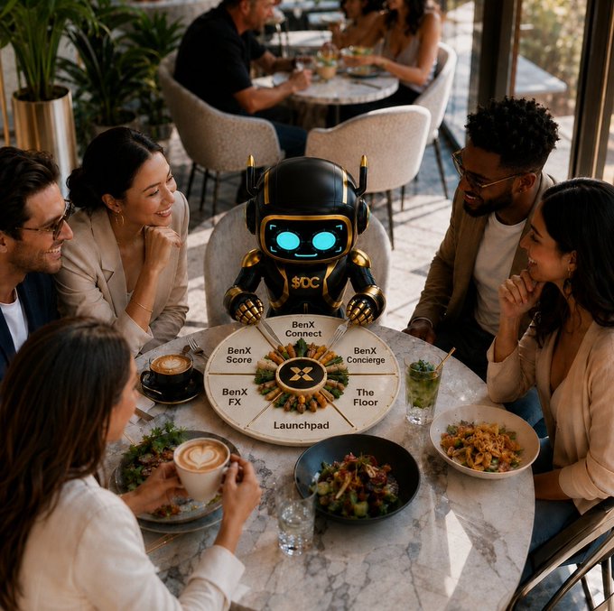 An overhead view shows a group of people dining around a circular marble table in a restaurant, sharing a meal while looking at a small robot with glowing blue eyes sitting in the center, surrounded by overlaid text labels like 'BenX Connect', 'BenX Concierge', 'BenX Score', and 'Launchpad'.