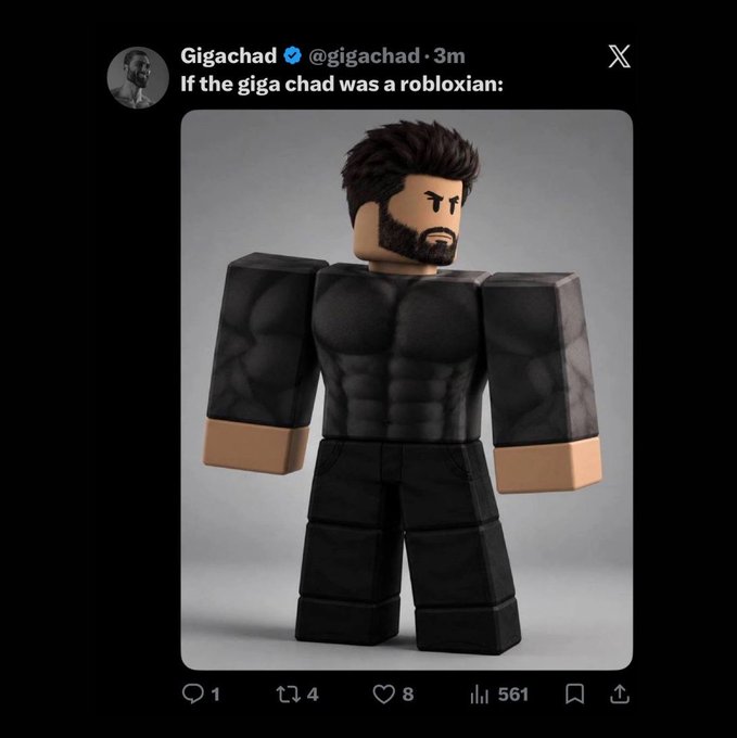 A screenshot of a tweet from the verified "Gigachad" X account (@gigachad) reads "If the giga chad was a robloxian:" above an image of a muscular, bearded Roblox-style avatar wearing all black. The post has 561 views, 8 likes, 4 retweets, and 1 reply, fitting the context of Gigachad's account engaging with the trending $ROBLOXIANS topic.