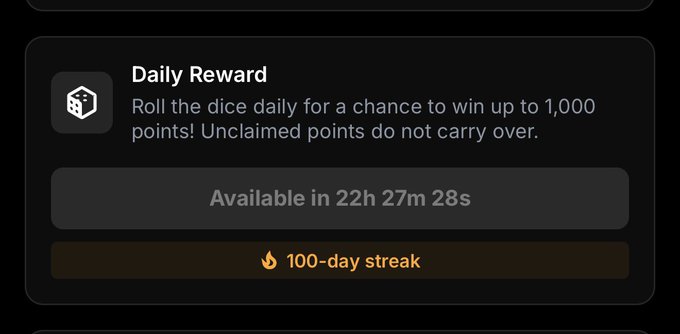 Dark-themed app interface showing a 'Daily Reward' notification offering up to 1,000 points, with a countdown of 'Available in 22h 27m 28s' and a '100-day streak' indicator.