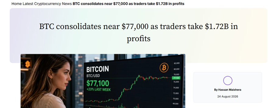 A cryptocurrency news article headline reading 'BTC consolidates near $77,000 as traders take $1.72B in profits' by Hassan Maishera, dated 24 August 2026, accompanied by an image of a woman looking at a Bitcoin chart.