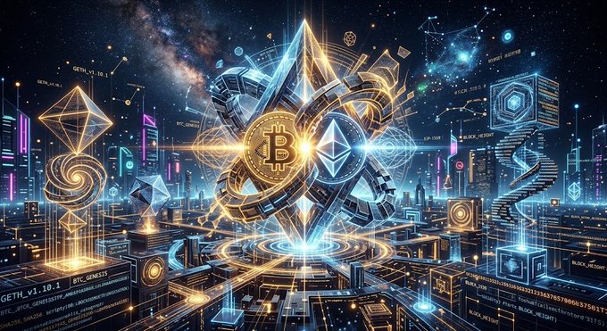 A futuristic, neon-lit digital artwork featuring a Bitcoin logo, Ethereum symbols, and a stylized cityscape against a starry background.
