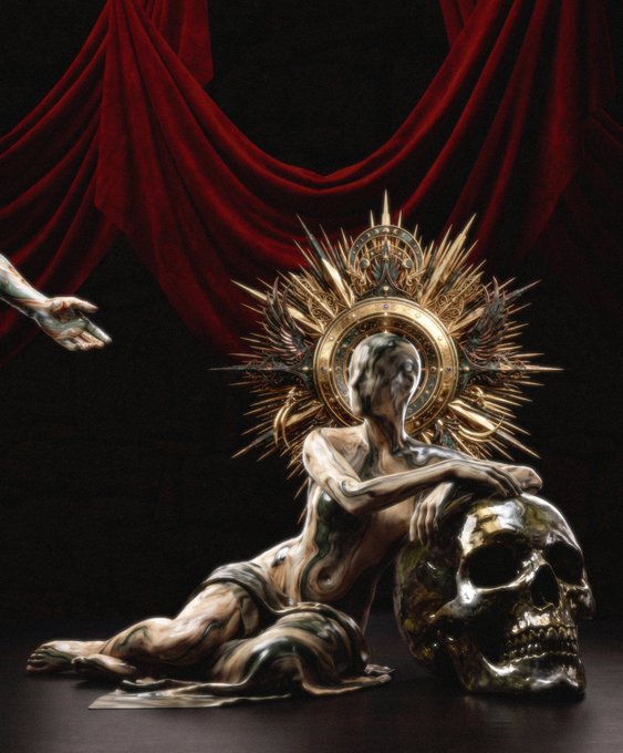 A dark, dramatic artwork depicting a metallic, fluid-like figure with a golden spiked halo resting against a silver skull, with a red draped curtain and a floating metallic hand in the background.