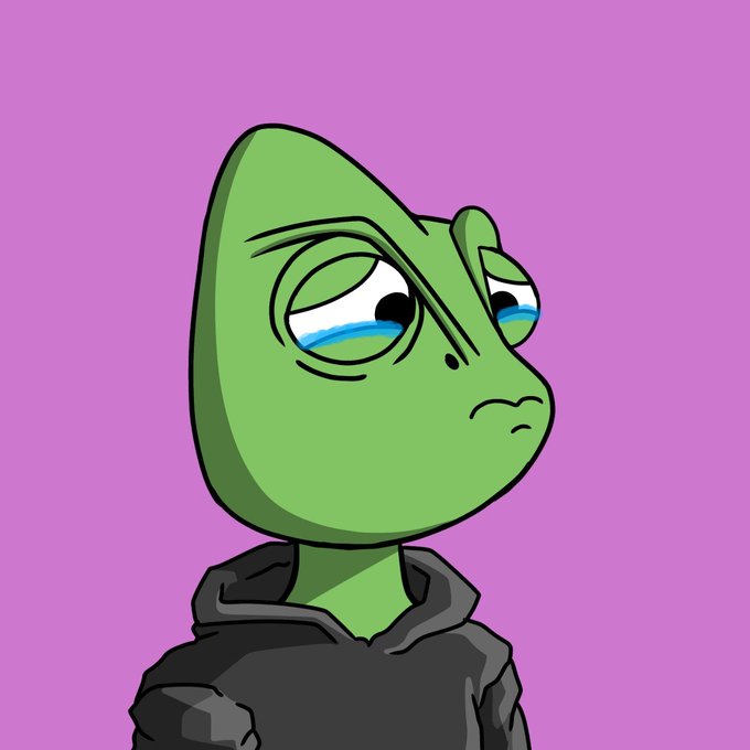 A cartoon green reptilian character with droopy, crying eyes wearing a black hoodie against a solid purple background.