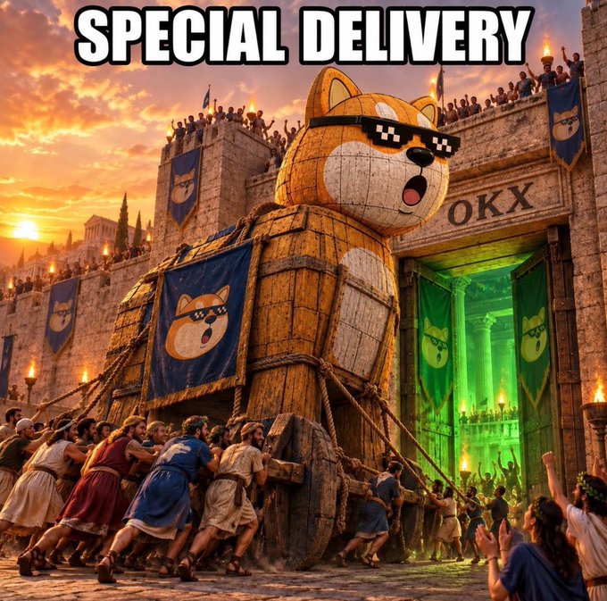 An AI-generated image showing people pulling a giant Shiba Inu (DOGE) Trojan horse into a fortress marked 'OKX', with the text 'SPECIAL DELIVERY' at the top.
