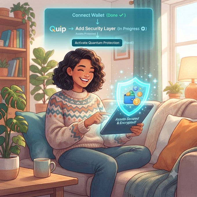 An illustration of a smiling woman on a couch using a tablet showing 'Assets Secured & Encrypted,' with a workflow panel above reading 'Connect Wallet (Done ✓) → Quip → Add Security Layer (In Progress ⚙) → Activate Quantum Protection (Next)'.