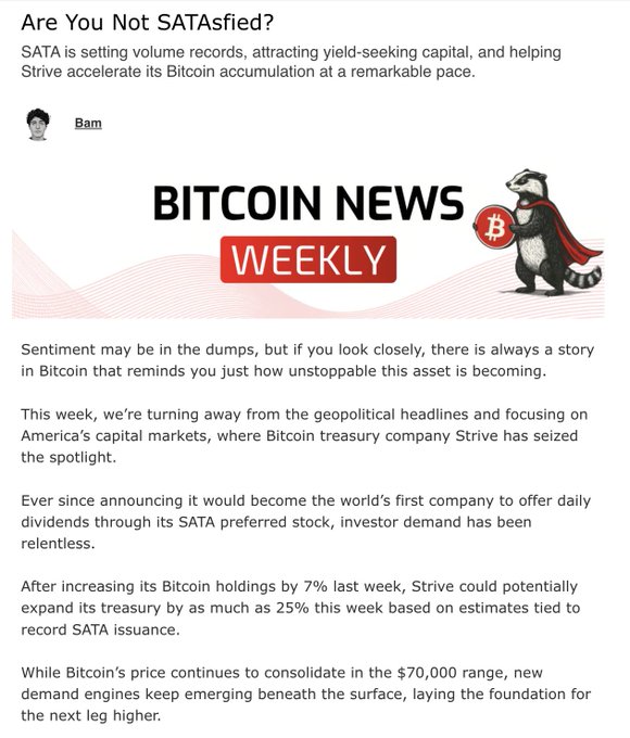 The image shows a white email with red text that features a cartoon raccoon holding a piece of paper titled "BITCOIN NEWS Weekly" and has several bullet points providing information about Bitcoin news, including that Bitcoin has experienced a recent surge in value and is now set to hit $7,000.
