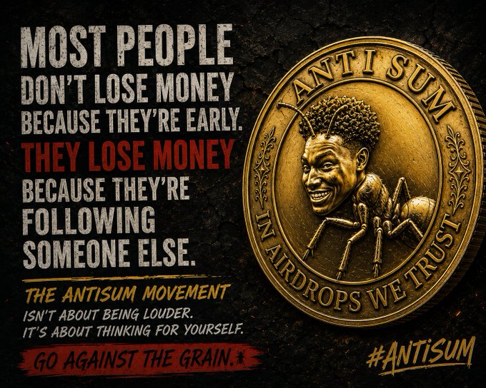 A dark promotional graphic for the "Antisum Movement" featuring a gold coin emblazoned with "ANTI SUM" and "IN AIRDROPS WE TRUST," along with the bold quote: "Most people don't lose money because they're early. They lose money because they're following someone else. The Antisum Movement isn't about being louder. It's about thinking for yourself. Go Against the Grain. #Antisum"—urging viewers to think independently about influencer-backed crypto projects like the one mentioned in the accompanying post.