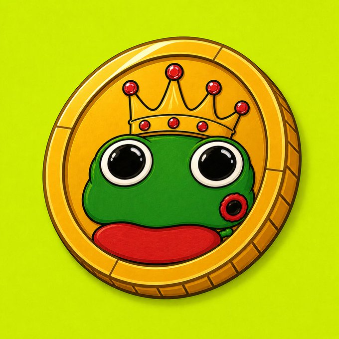 A cartoon green frog wearing a jeweled gold crown peeks out from a golden coin against a bright yellow-green background, symbolizing the "royal" or prestigious nature of the NFT collection's public mint announcement. The crowned frog character appears to be the mascot of the collection being promoted in the post.