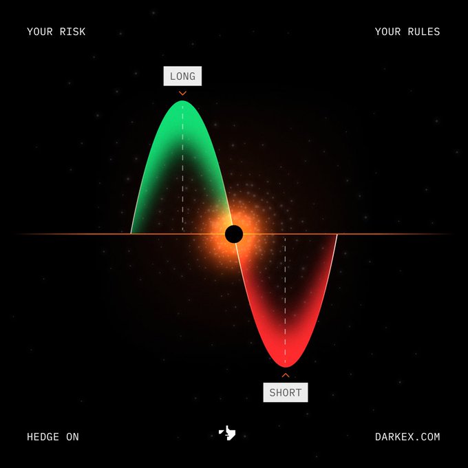 A dark, space-themed graphic displays a glowing green "LONG" wave cresting above an orange line and a red "SHORT" wave dipping below, symbolizing opposing trading positions, framed by the text "YOUR RISK" and "YOUR RULES" with "HEDGE ON" and "DARKEX.COM" at the corners, visually reinforcing Darkex Hedger's message of user-controlled risk and strategy execution.