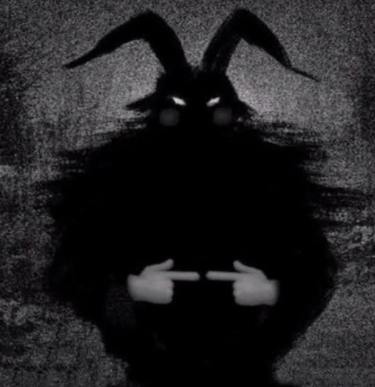 A grainy, dark figure with glowing eyes, horns, and pointing hands dominates the image, fitting the cryptic, ominous aesthetic of the post teasing a mysterious NFT collection with cryptic names like "chomsky honks," "xavier," and "md."