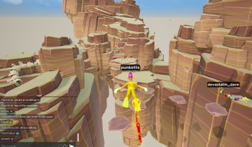A screenshot from a video game showing a character labeled 'Deaddictis' flying with yellow jet wings through a canyon of blocky, reddish-brown rock formations.