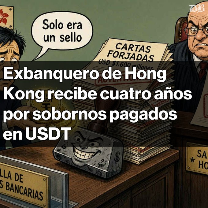 A cartoon illustration with Spanish text overlaid that reads: 'Exbanquero de Hong Kong recibe cuatro años por sobornos pagados en USDT'. The cartoon shows a courtroom scene with documents labeled 'CARTAS FORJADAS' and a speech bubble saying 'Solo era un sello'.