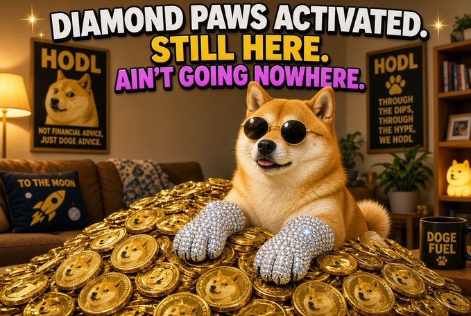 A meme-style image of a Shiba Inu dog wearing sunglasses and diamond-studded paws, sitting on a pile of Dogecoin with text reading 'DIAMOND PAWS ACTIVATED. STILL HERE. AIN'T GOING NOWHERE.'