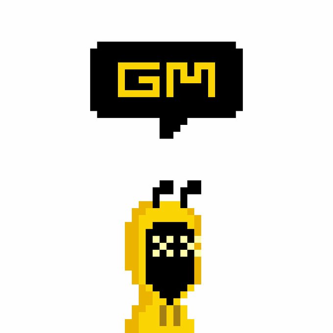 A pixel art illustration features a yellow character wearing sunglasses below a black speech bubble containing the yellow text 'GM'.