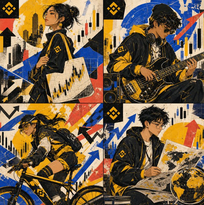 A four-panel anime-style illustration depicting stock market themes, featuring a woman with a bag showing a candlestick chart, a person playing a guitar, a cyclist, and a person studying a chart with a globe.
