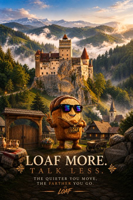 A cinematic poster-style image of a peanut Loaf character wearing sunglasses and a gold chain in front of a castle, with the tagline 'LOAF MORE. TALK LESS. The quieter you move, the farther you go.'