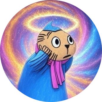 A cartoon cat dressed in a blue cloak and pink scarf with a glowing halo above its head stands against a vibrant cosmic spiral background, depicting a saintly or angelic feline figure that reflects the reverent trust the post expresses toward the "Coach Bruce" developer (@asparagoid), implying their meme coin is a holy or trustworthy investment.