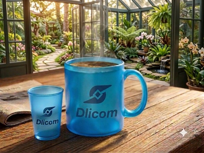 A translucent blue mug with the 'Dlicom' logo and a matching shot glass sit on a wooden table in a sunlit greenhouse, with steam rising from the mug.