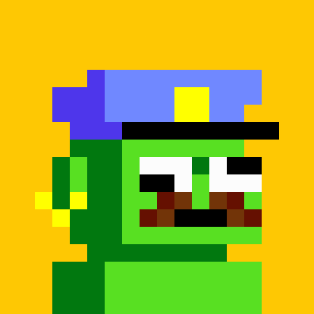 A pixel art image depicts a green zombie-like character with a blue bandana, blocky white eyes, and a red mouth on a yellow background.