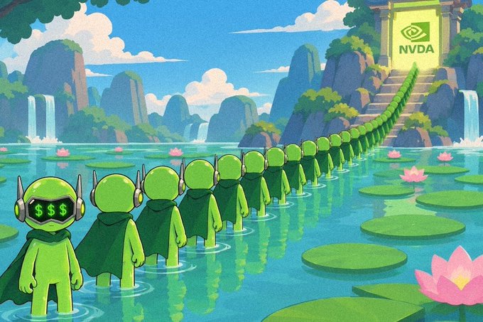 A stylized cartoon illustration showing rows of green alien-like figures with one wearing a VR headset displaying '$$$' marching across lily pads toward a stone temple in the background bearing the 'NVDA' (NVIDIA) logo, set in a landscape with mountains and waterfalls.