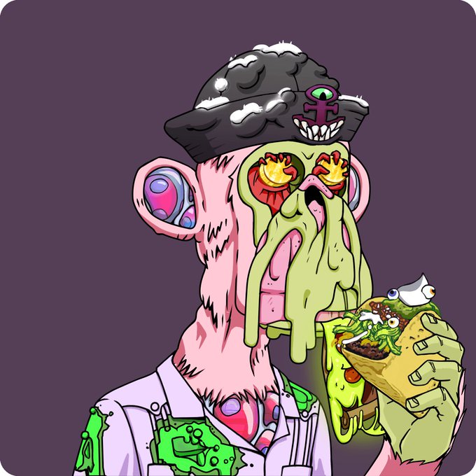 A grotesque cartoon illustration depicts a man with melting green slime oozing from his face and head, while he holds a half-eaten grotesque sandwich.