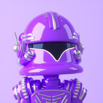A glossy purple astronaut-style robot figure with silver accents and a sleek black visor is shown against a matching lavender background. The image likely represents a digital collectible NFT from the "Good Vibes Club" collection that the poster mentions acquiring as their 4th ranger.