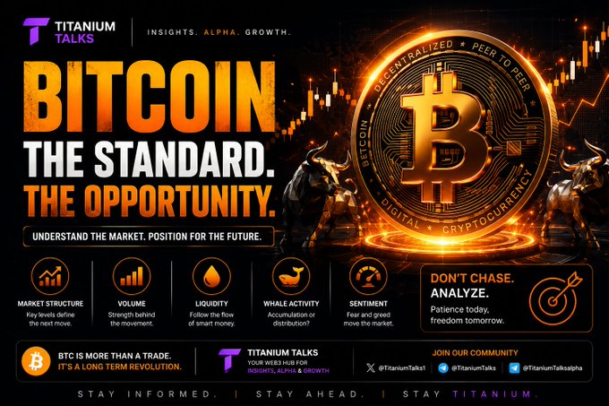 A promotional graphic titled "BITCOIN THE STANDARD. THE OPPORTUNITY" by TITANIUM TALKS, featuring a glowing Bitcoin coin, chart visualizations, and icons for market structure, volume, liquidity, whale activity, and sentiment analysis.