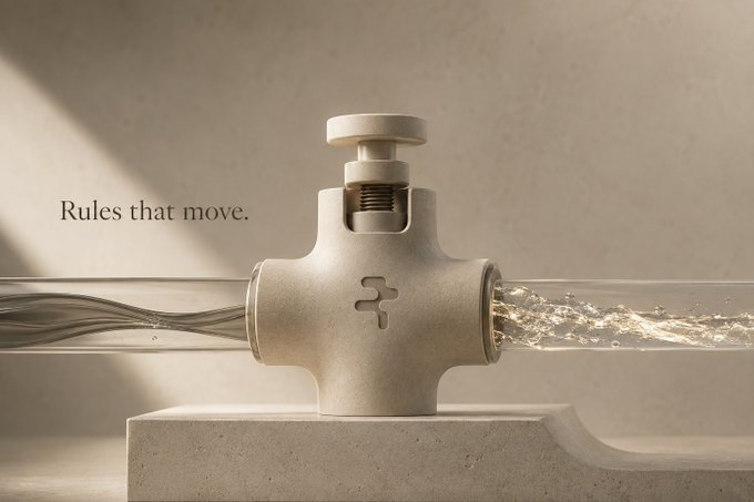 A minimalist advertisement displaying a sculptural beige valve or faucet with water flowing through transparent tubes, accompanied by the text 'Rules that move.'