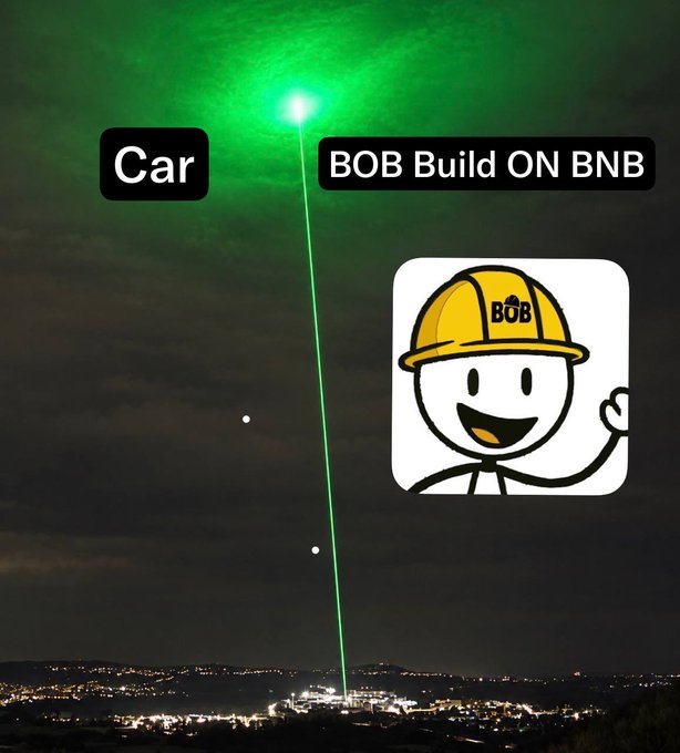 A promotional graphic comparing a car's green laser projection to the 'BOB Build ON BNB' mascot logo against a night cityscape.