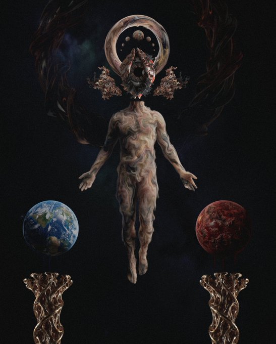 A surreal digital artwork depicts a humanoid figure with a marbled, swirling body and an ornate headdress, floating between two spheres resembling Earth (blue) and a blood moon (red), each mounted on a sculpted pedestal.