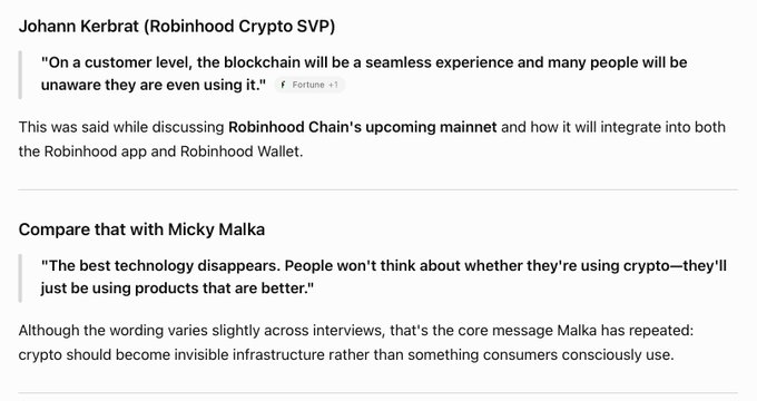 Quotes from Johann Kerbrat (Robinhood Crypto SVP) and Micky Malka comparing their views that blockchain/crypto should become invisible infrastructure for customers, in the context of Robinhood Chain's upcoming mainnet.