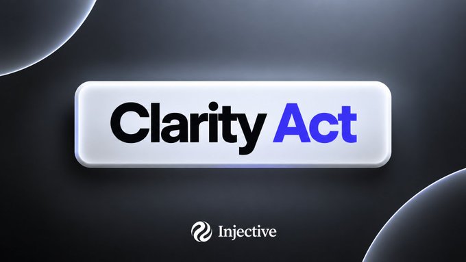 A graphic showing a white pill-shaped badge with 'Clarity Act' text in black and blue, set against a dark background with the Injective logo below.