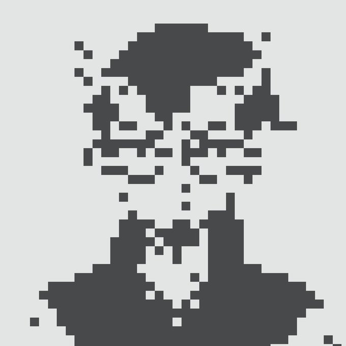 A pixelated black and white portrait of a figure resembling the Mona Lisa, with scattered loose pixels around the image.