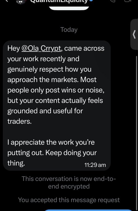 A screenshot of a Signal message from @Ola_Crypt praising the quality and grounded nature of the user's trading content, which relates to the accompanying post appreciating meaningful feedback that the work is genuinely helping traders.