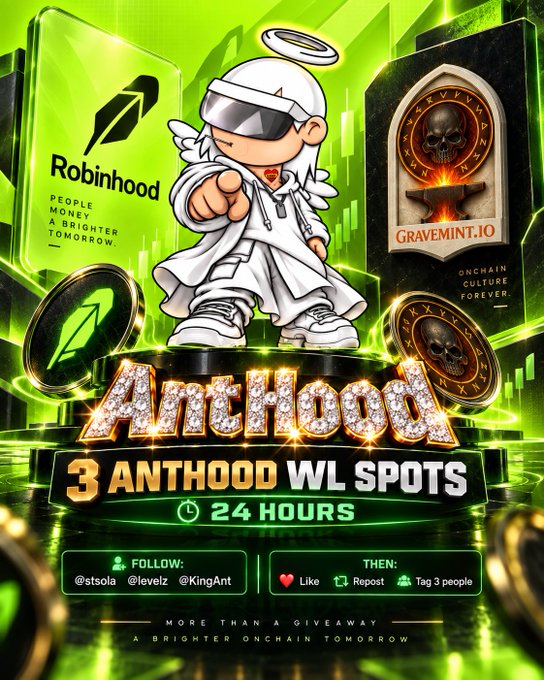 A promotional giveaway image featuring "Anthood" branded crypto artwork with a cartoon angel character, offering "3 ANTHOOD WL SPOTS" from Robinhood and Gravemint.io.