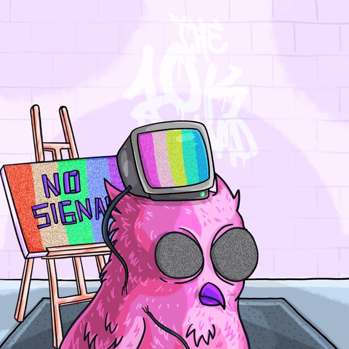 A pink cartoon bird wearing a TV displaying a rainbow screen sits in front of an easel displaying a glitchy rainbow canvas with "NO SIGNAL" written on it, while graffiti reading "The 10K Squad" is sprayed on the brick wall behind — visually echoing the post's message that holders should explore the ecosystem without needing direct signals, aligning with the referenced NFT #2673 from The 10K Squad collection.