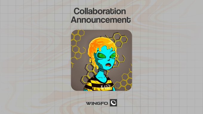 "Collaboration Announcement" graphic featuring a stylized cyan-skinned character with a bee-striped shirt and yellow honeycomb patterns, promoting the Wingfo × Fulelore NFT collection powered by $FULE.