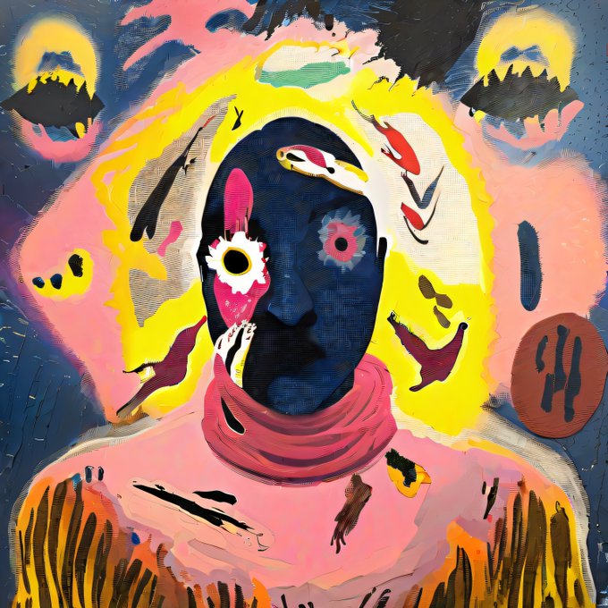 An abstract, expressionistic painting of a figure with a dark blue face, mismatched eyes (one yellow, one pink), surrounded by swirling yellow, pink, and black shapes.