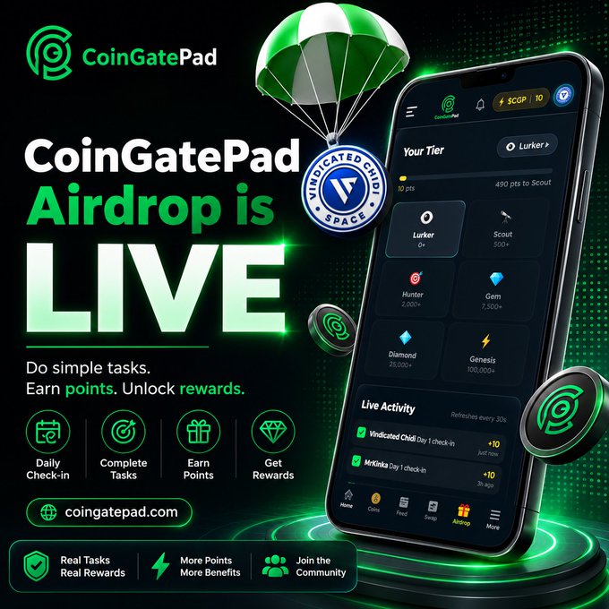 A promotional graphic for the CoinGatePad Airdrop, featuring a smartphone display showing tier progression from Lurker to Genesis (100,000+ points), a "Vindicated Child Space" parachuting emblem, and 10 $CGP token rewards, alongside the tagline "Do simple tasks. Earn points. Unlock rewards" and the link coingatepad.com.
