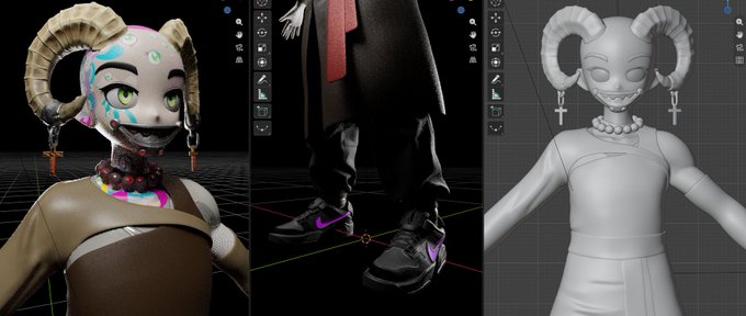 A 3D modeling software interface displaying a character design with curved horns, showing both a textured and untextured gray model, along with a separate view of legs wearing black pants and Nike sneakers.