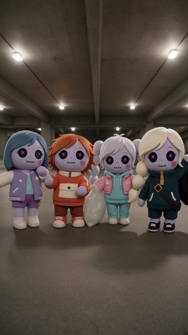 Photo of four small, plush-styled figurines with colorful hair (blue, orange, white, blonde) in jackets, posed together in what appears to be a parking garage.