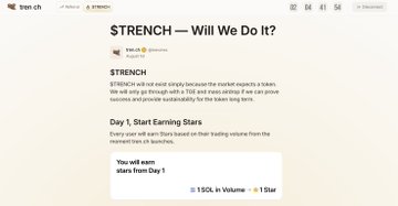 A screenshot of the Trenches (tren.ch) platform webpage announcing the launch of "STRENCH," a Solana-based token set to debut on Day 1 with a TSG token worth 1 SOL in volume, positioned as a hybrid launchpad and infrastructure service blending PumpFun's model with X-linked identity integration ahead of its August 10th launch.