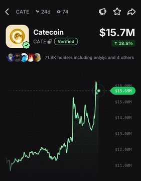 A chart shows CATE (Catecoin) trading at $15.7M with a 28.8% gain over 24 hours, held by 71.9K holders, visually supporting the post's claim of a 29% daily pump.