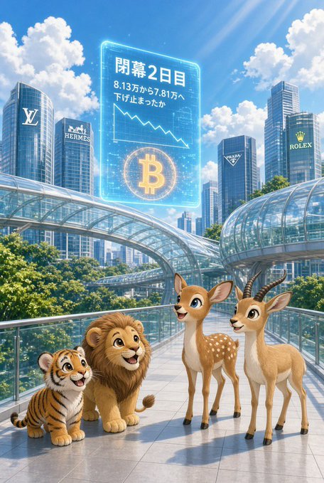 Cartoon animals including a tiger, lion, and deer look at a holographic screen displaying a declining Bitcoin chart with Japanese text, set against a city skyline featuring brands like LV, Hermes, and Rolex.