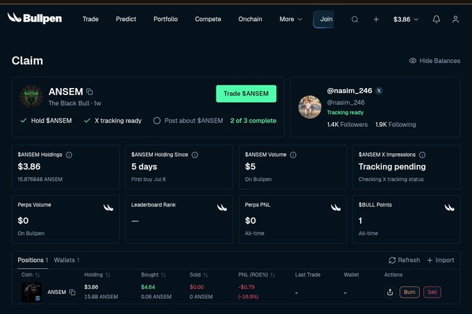 A Bullpen trading dashboard showing a user (@nasim_246) claiming a position in the $ANSEM token, with holdings of $3.86 (15.876848 $ANSEM) and a PNL of -$0.79 (-16.9%).