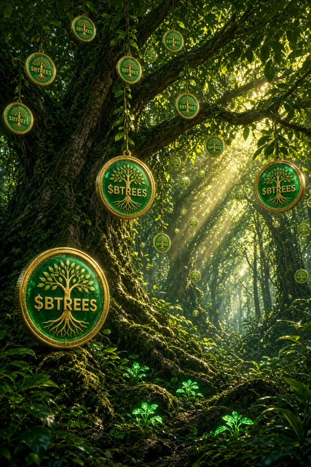A lush green forest scene with sunlight filtering through trees, decorated with golden medallions bearing tree logos and the text '$BTREES' hanging from the branches.