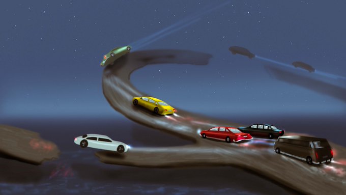A 3D digital artwork showing several cars (white, yellow, red, black) driving along a winding, elevated track in a night sky setting with starry background.