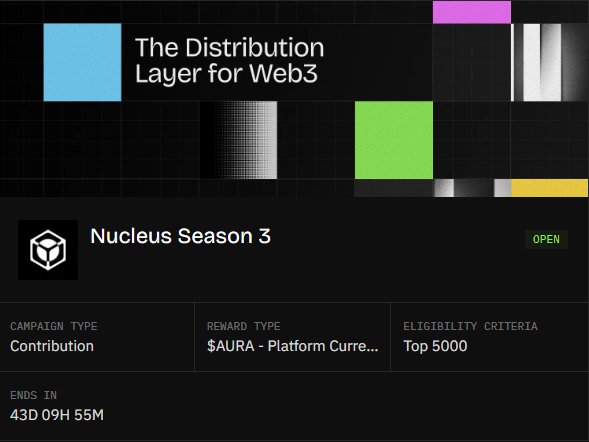 A promotional graphic for 'Nucleus Season 3' with text 'The Distribution Layer for Web3', showing a Contribution campaign type with $AURA reward and Top 5000 eligibility, ending in 43D 09H 55M.
