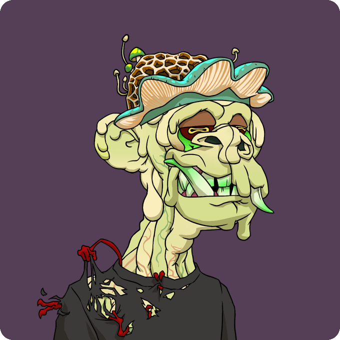 The image features a graphic of a human being who appears to be a humanoid robot, with distorted facial features and an odd appearance. The robot is wearing a hat decorated with various mushrooms and other strange items that give it a creepy look. It is also dressed in a t-shirt, which further enhances its unsettling visage. 
The accompanying post describes the robot as "mutant #5134" who has been bought for 1.64 ETH (ether), located on the Ethereum blockchain. The person who made the robot is referred to as "Monke" and sells various items including "mutants", a hat decorated with mushrooms, which make up its strange appearance. The post also suggests that this robot is "opensea.io/collection/mut..." and that someone has mentioned the name "Monke".