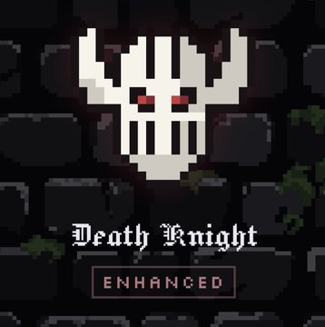 A pixel-art style logo featuring a white skull-like mask with red eyes above the text 'Death Knight' in gothic font, with an 'ENHANCED' label below, set against a dark brick background.